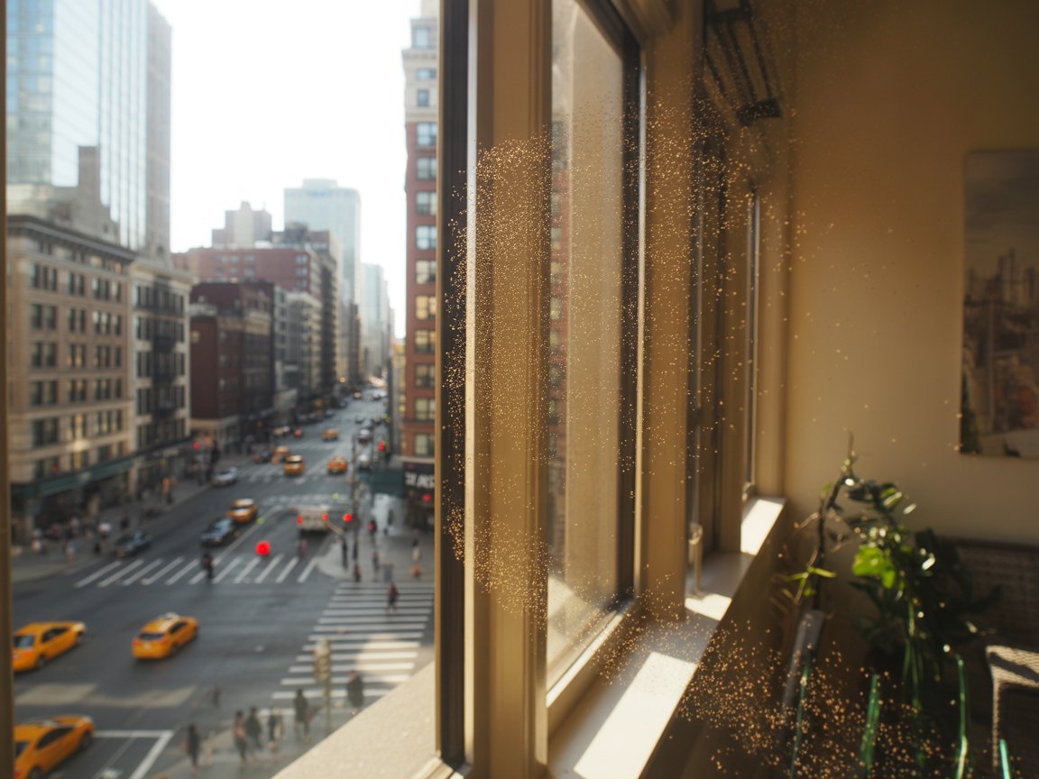 This photo captures the 'hidden' reality of Chicago homes: a sunbeam reveals millions of suspended allergens—dust mites, trapped pollen, and road salt dust—floating in the breathing zone. It visualizes exactly why the guide's 'Physics Over Chemistry' approach is necessary to remove the particulate matter that traditional cleaning sprays leave behind.