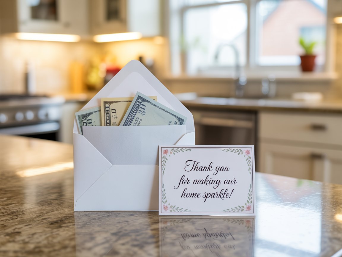 Cash tip in envelope with thank-you card for Chicago house cleaner on kitchen counter