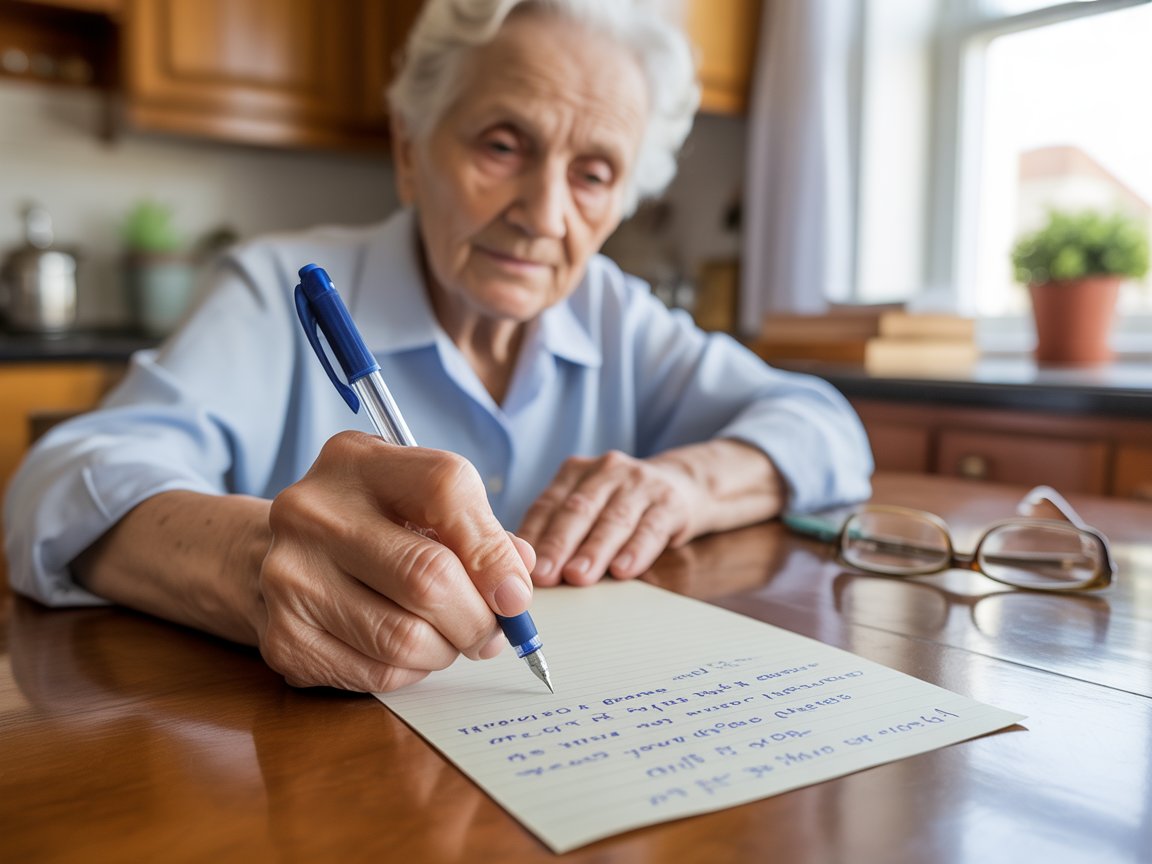Senior Chicago homeowner writing handwritten thank-you note for house cleaner