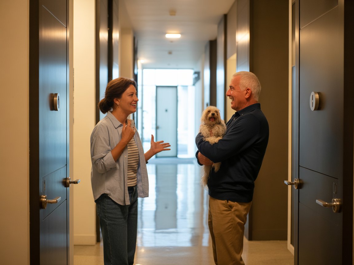 Chicago condo neighbors recommending house cleaner in building hallway with dog
