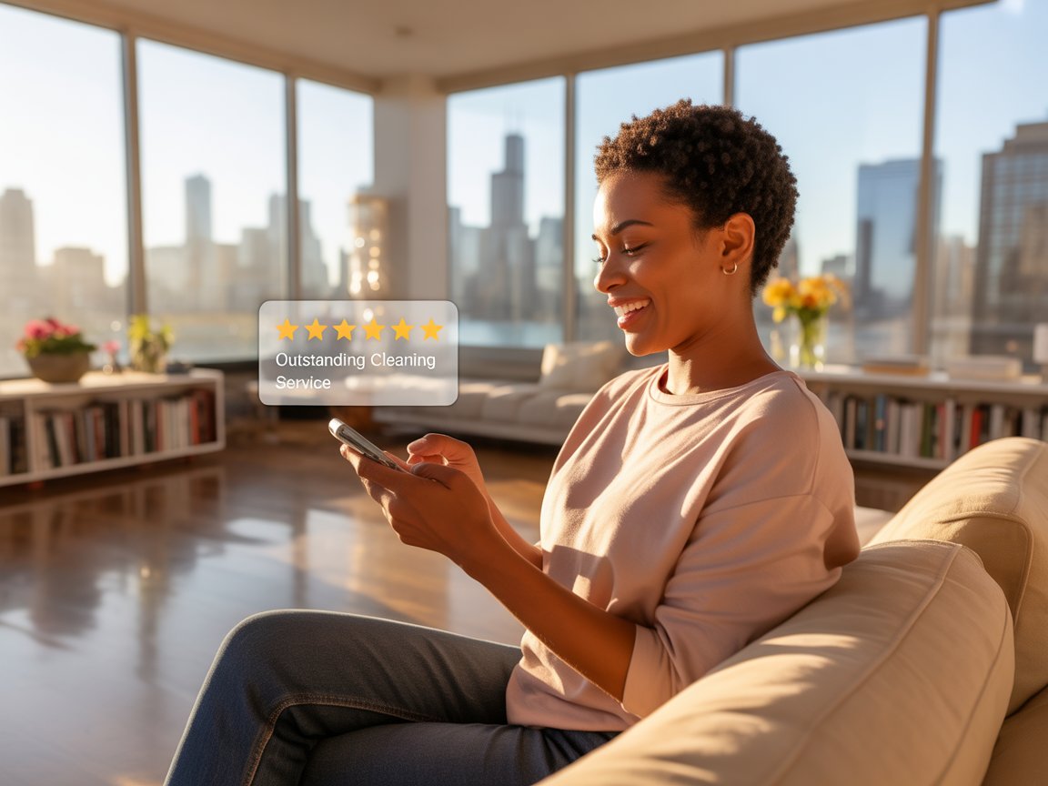 Chicago client leaving 5-star Google review for house cleaner on smartphone with skyline