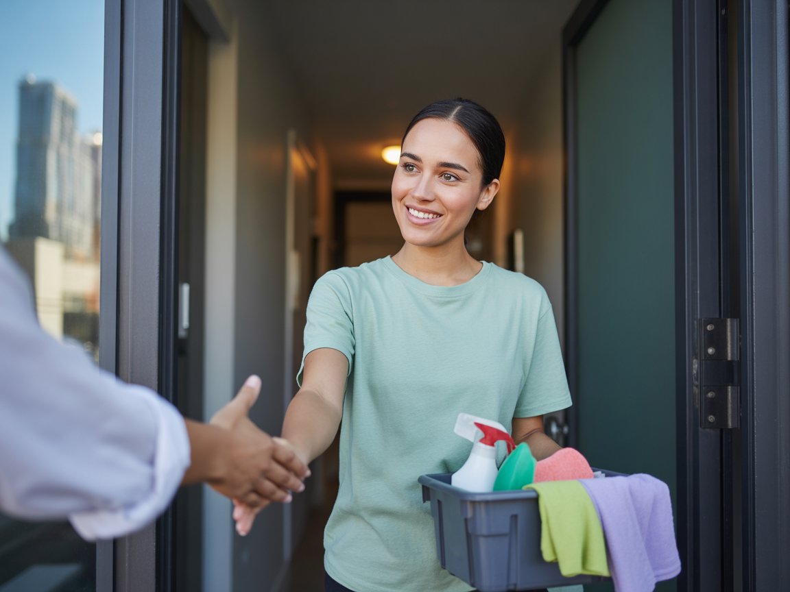 Chicago house cleaner greeted warmly by client at condo doorway with cleaning supplies