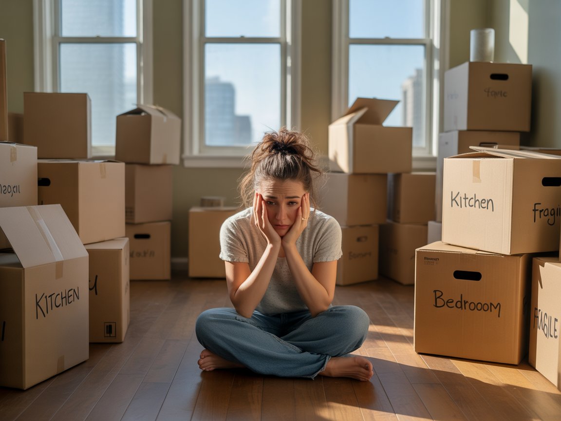 Stressed person surrounded by moving boxes in empty Chicago apartment