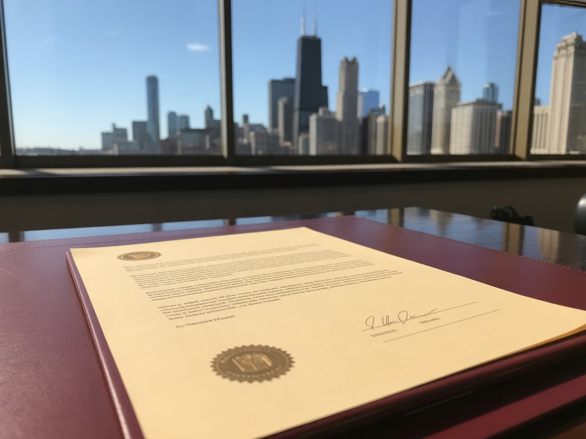 Official legal document with Chicago skyline background