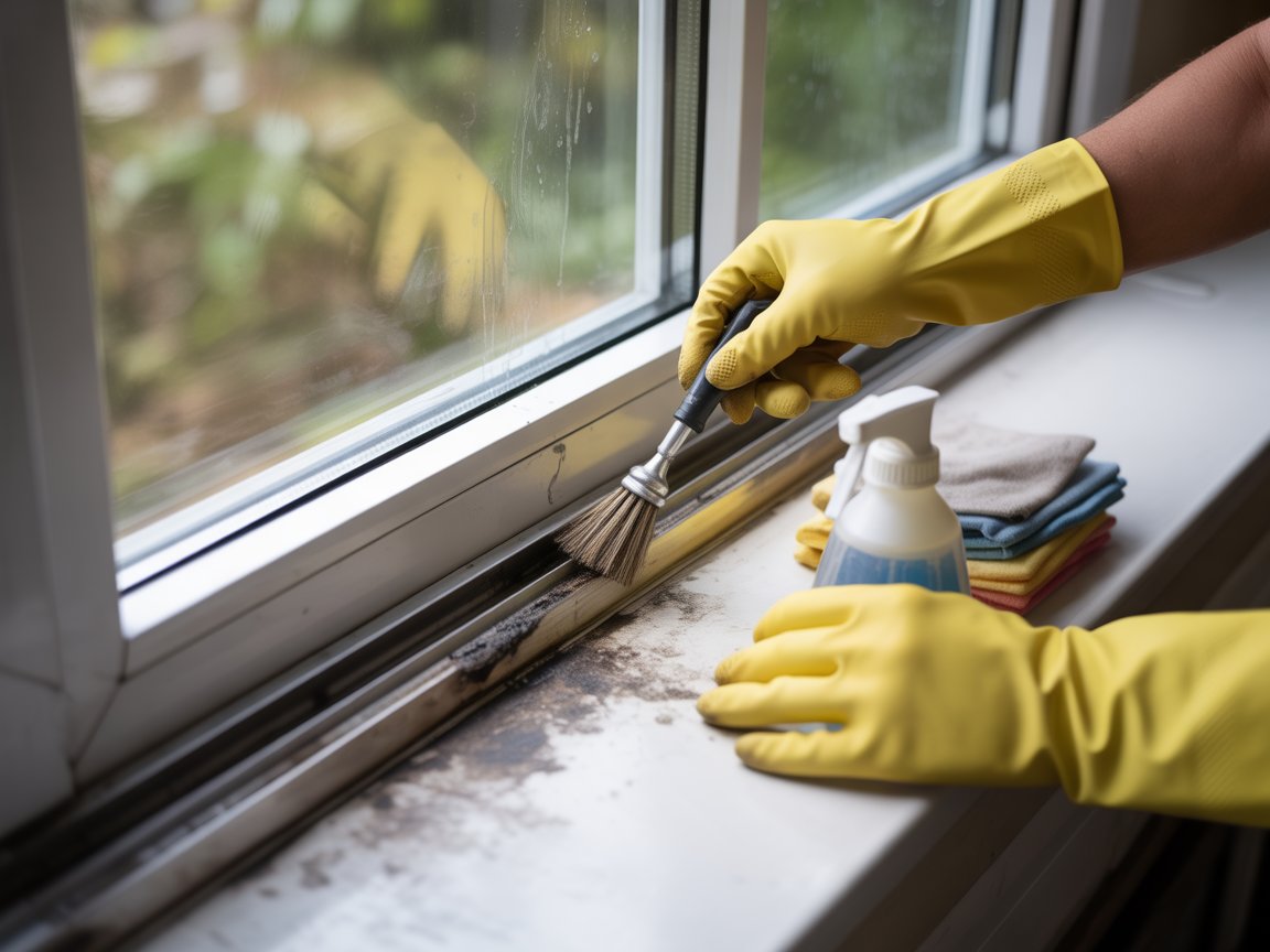 Person cleaning window tracks with small brush