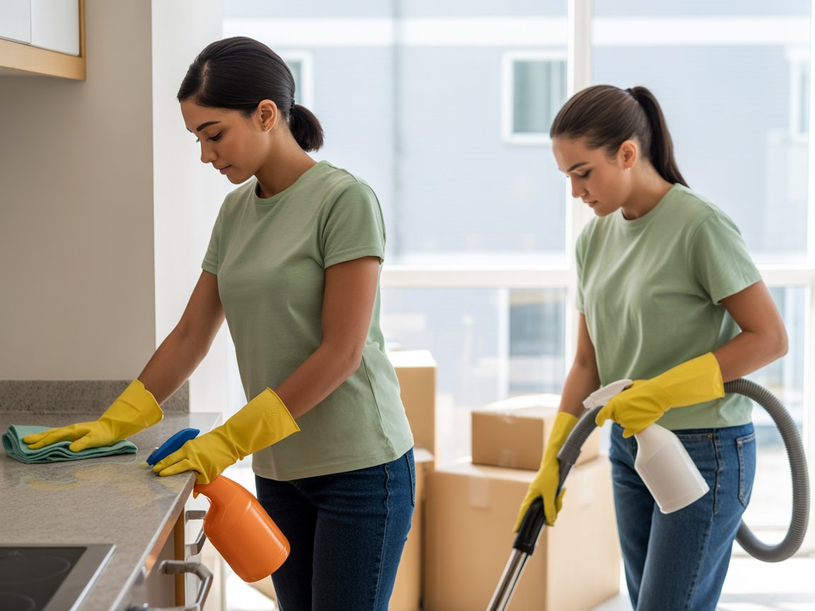 Professional cleaning team with proper cleaning equipment in apartment