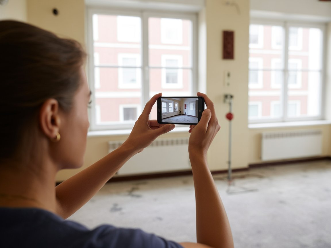 Person taking photos of empty apartment with smartphone