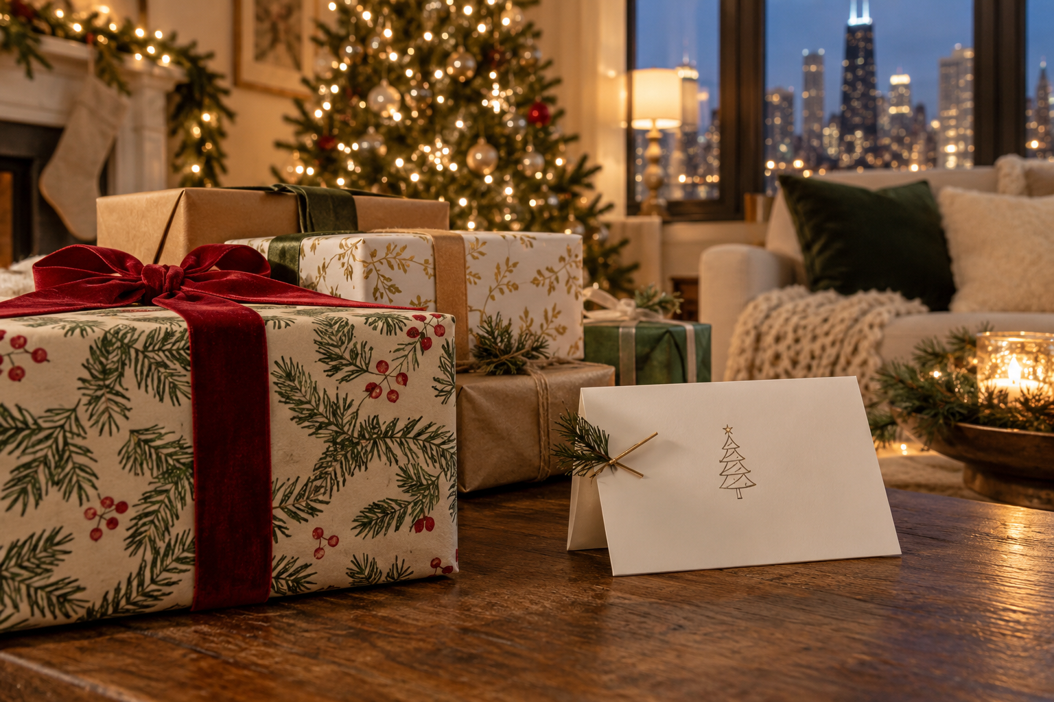 Small handwritten gift envelope beside a pile of wrapped boxes