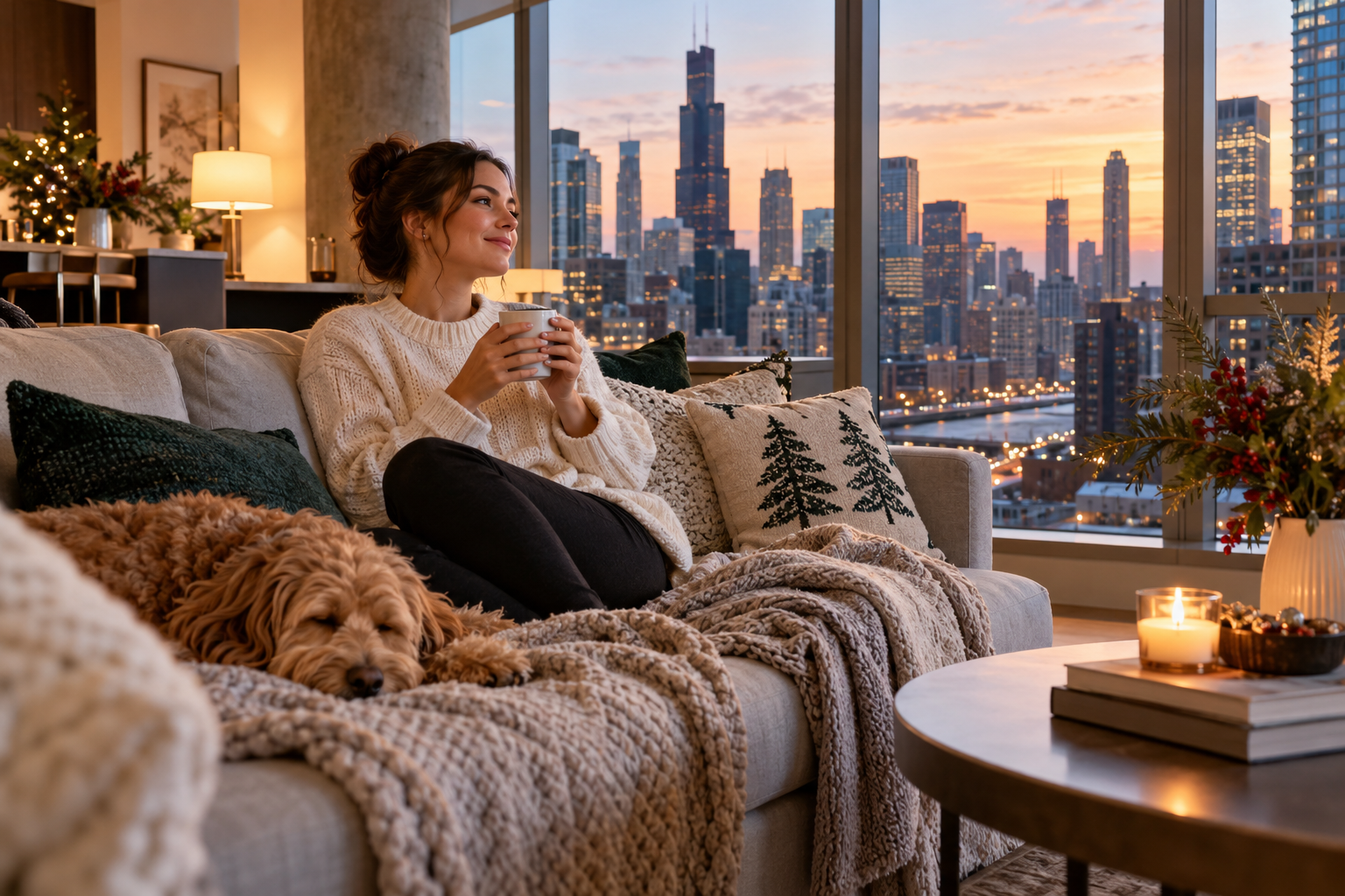 Young professional relaxing on a couch in a clean high-rise apartment with a city view