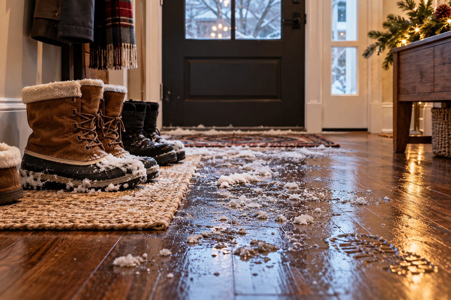 Road salt and slush footprints on a hardwood entryway beside winter boots