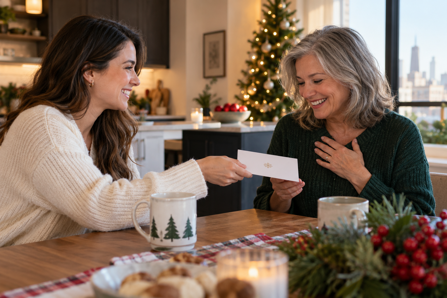 Adult daughter handing her mother a gift envelope over coffee