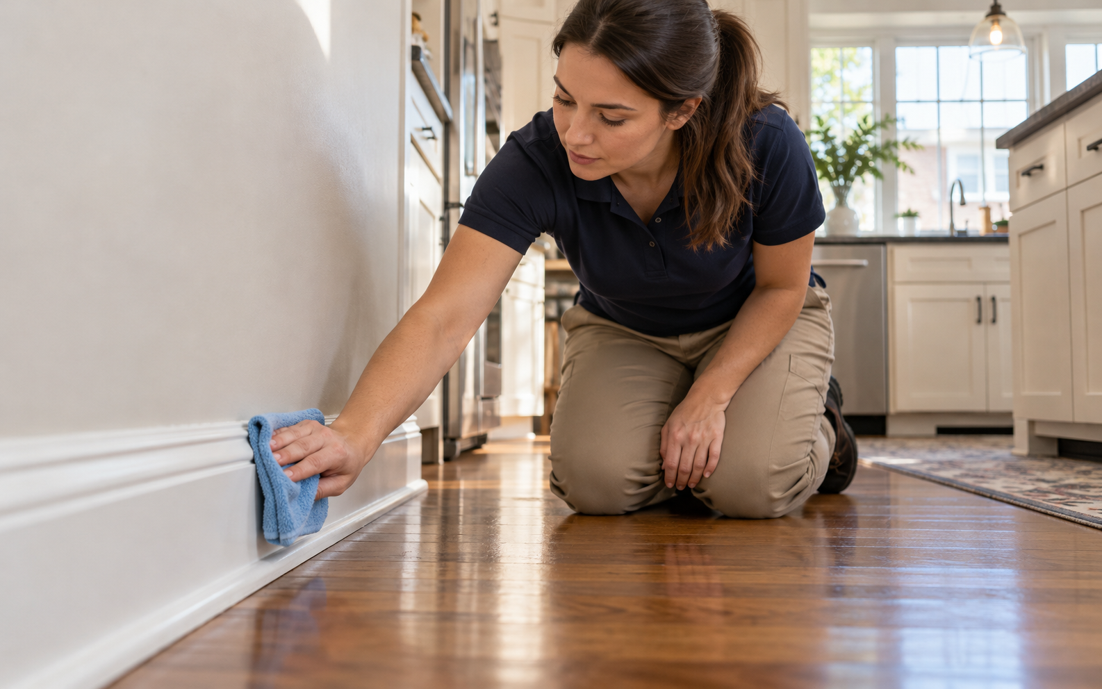Cleaning technician hand-wiping a kitchen baseboard with a microfiber cloth