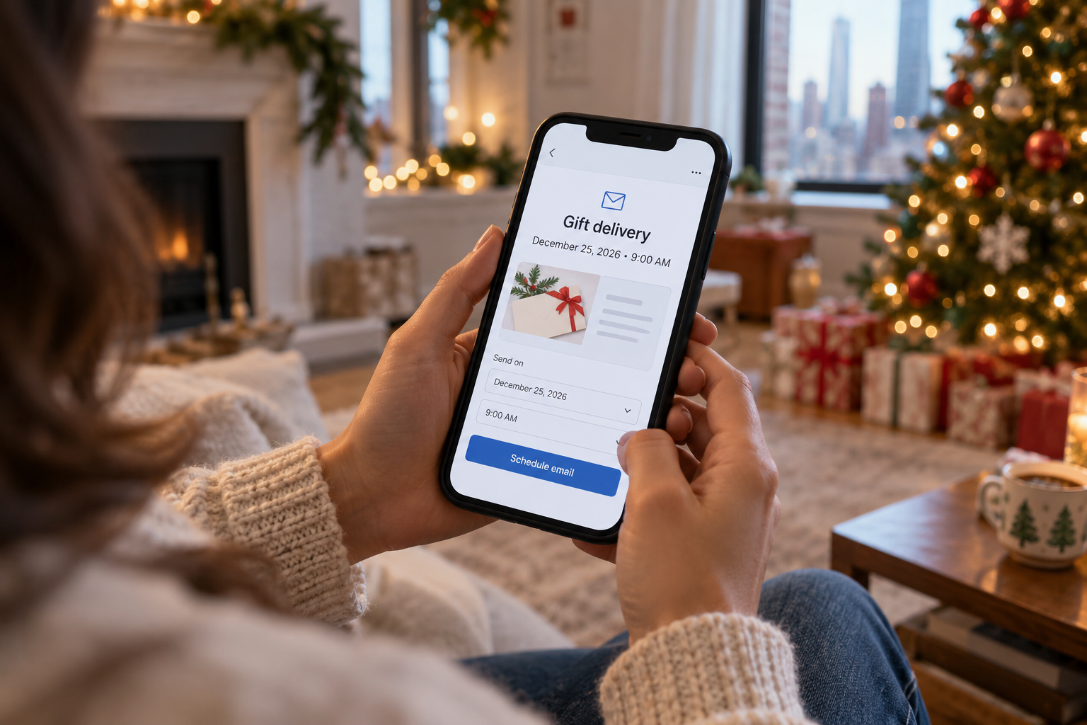 Person smiling while opening a gift email on a phone in a kitchen