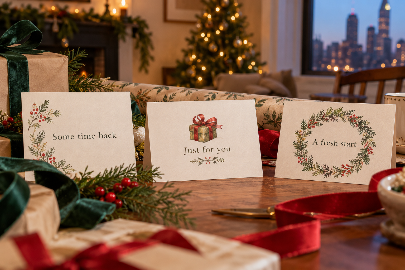 Hand writing a holiday card beside a pine sprig