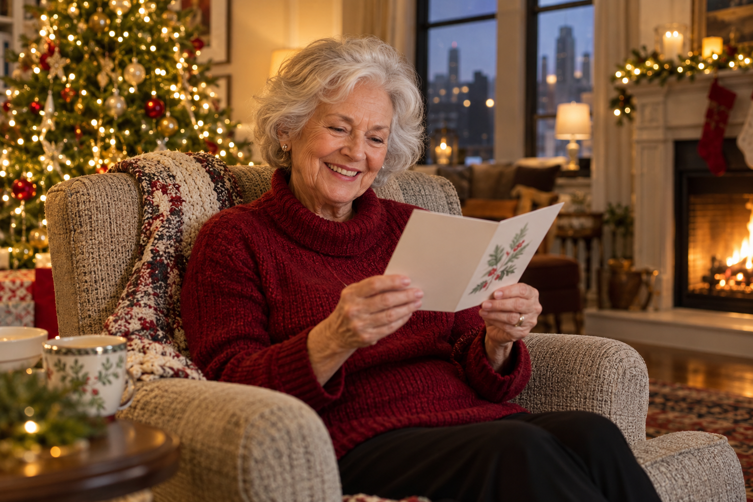 Grandmother smiling as she reads a handwritten card in her armchair