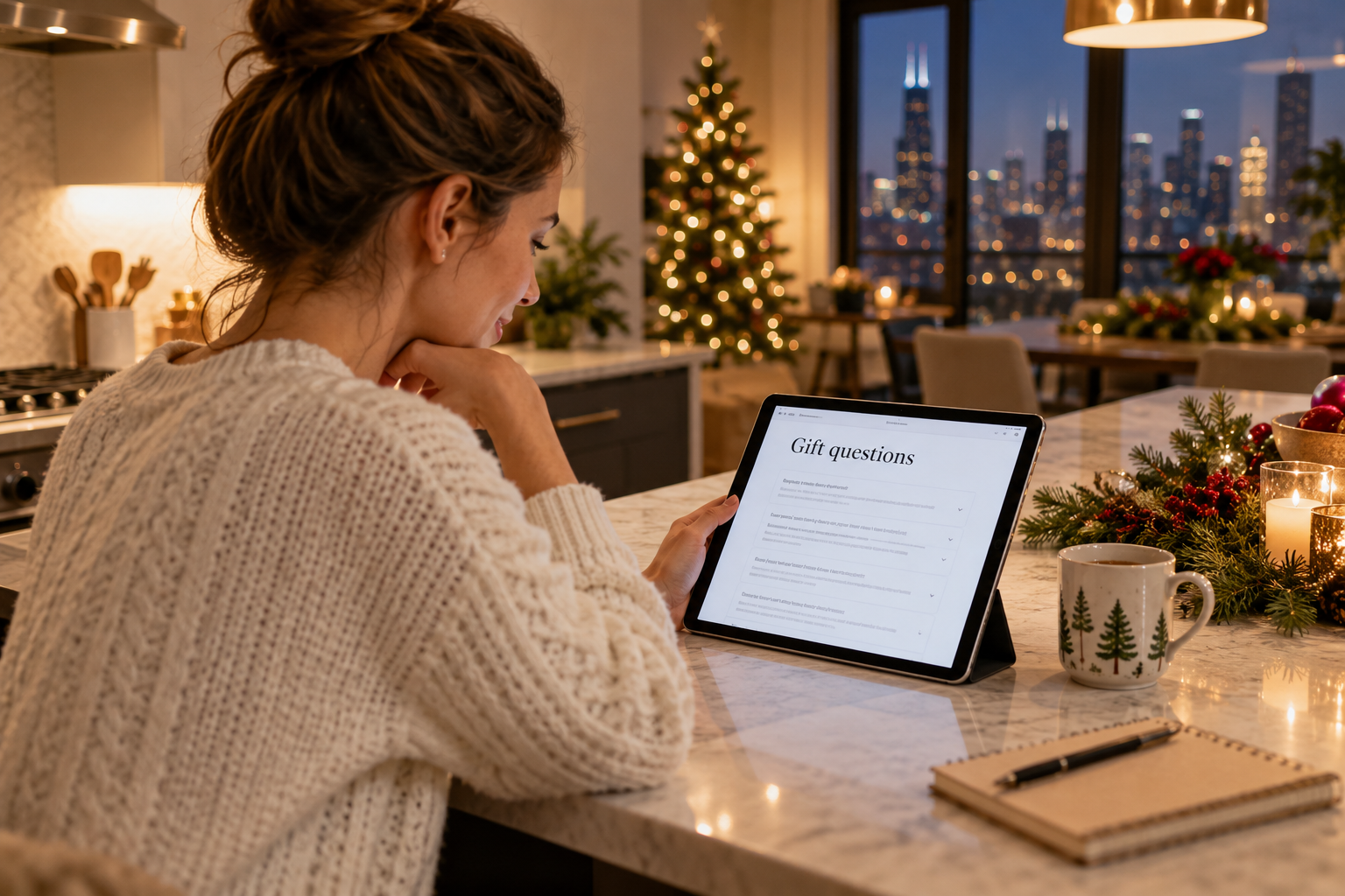 Person reading on a tablet at a kitchen island with holiday decorations