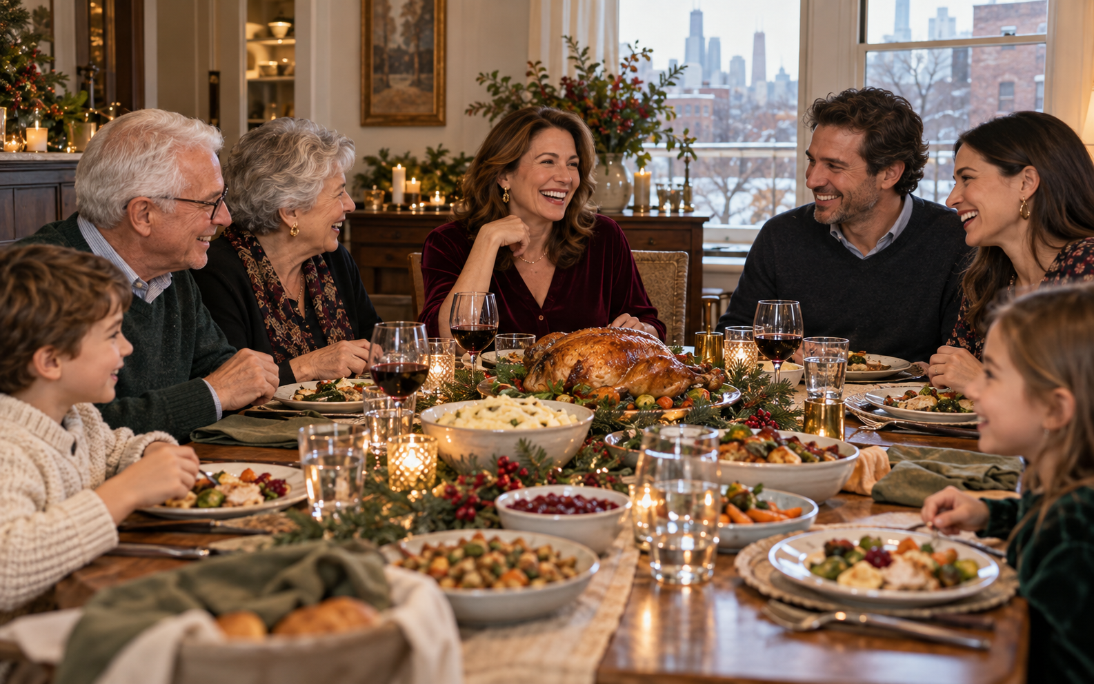 Multi-generation family laughing around a holiday table with the host seated in the middle
