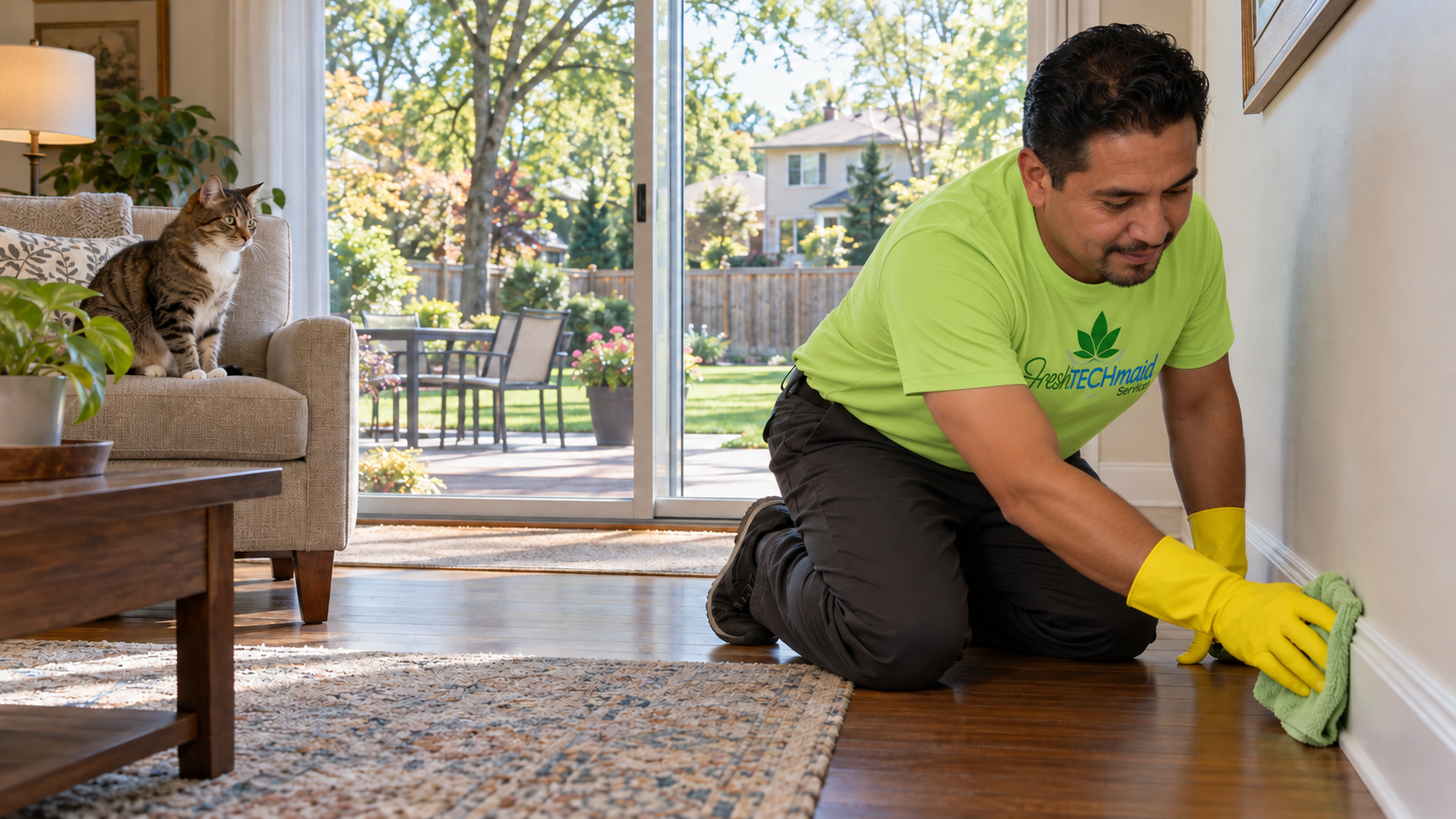 Pet-safe house cleaning Arlington Heights: a cleaner vacuums a living-room rug while a dog rests near sunny bay windows