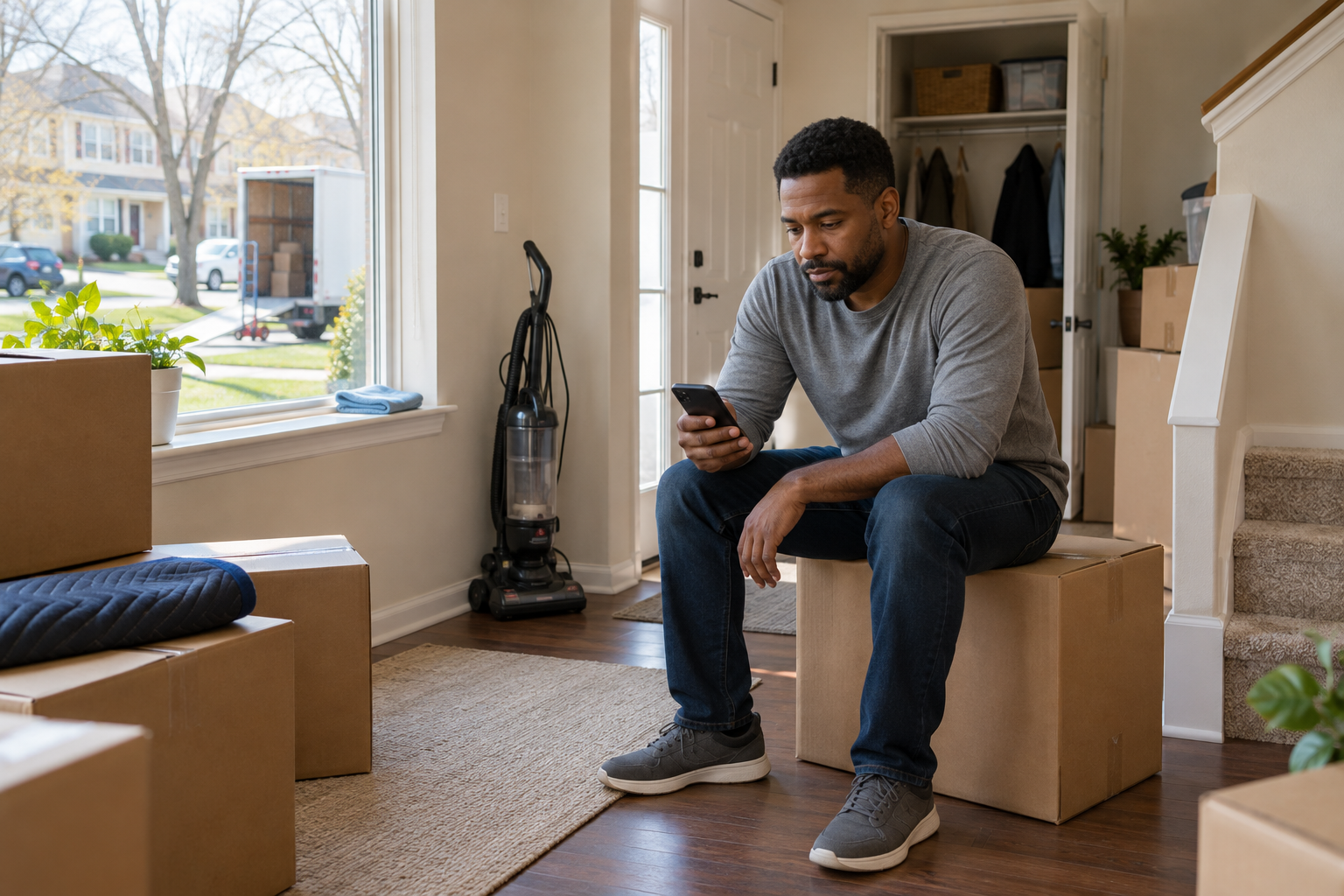 Person sitting among moving boxes in the empty living room of a suburban Des Plaines house