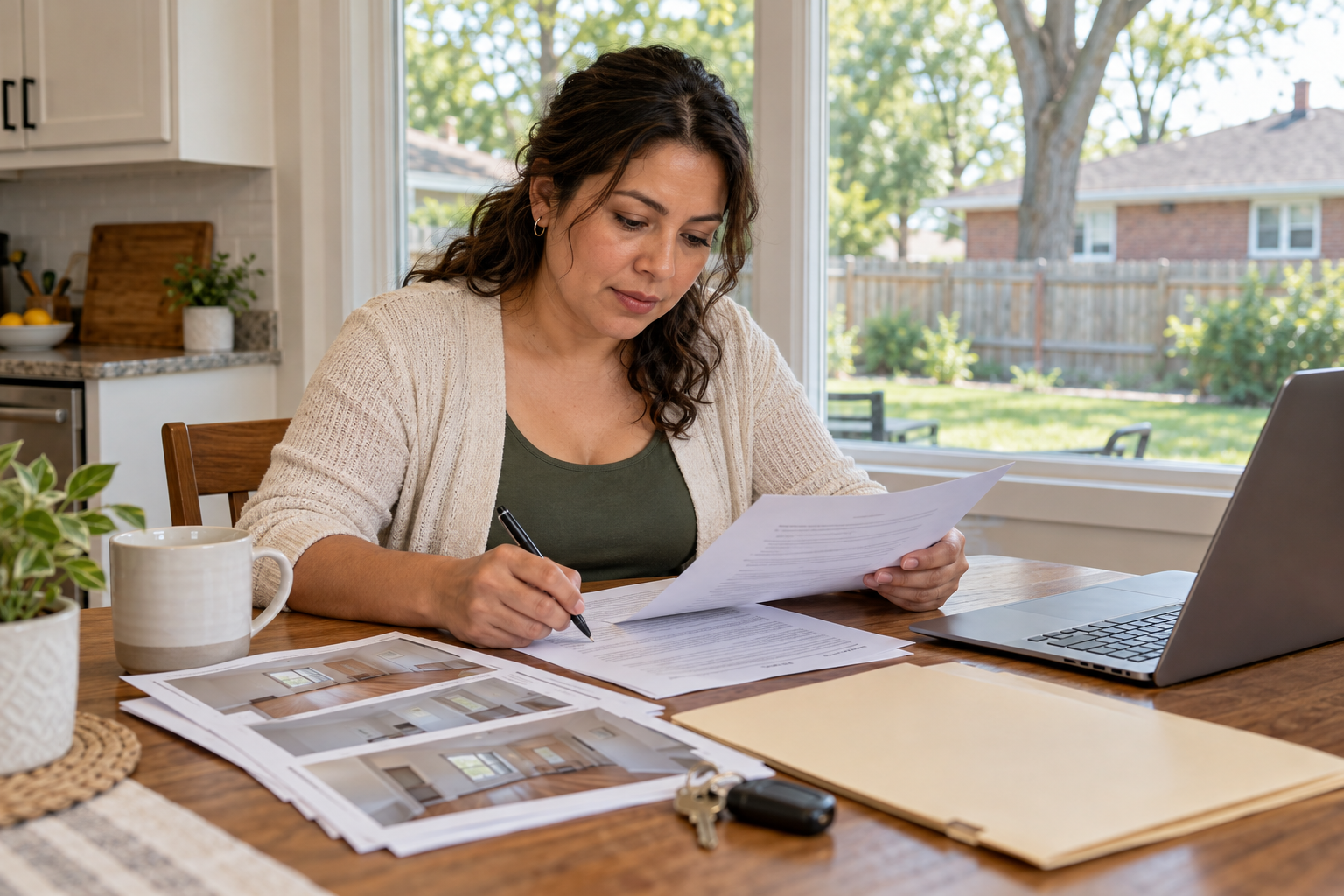 Lease agreement and house keys on a kitchen counter in a Des Plaines apartment