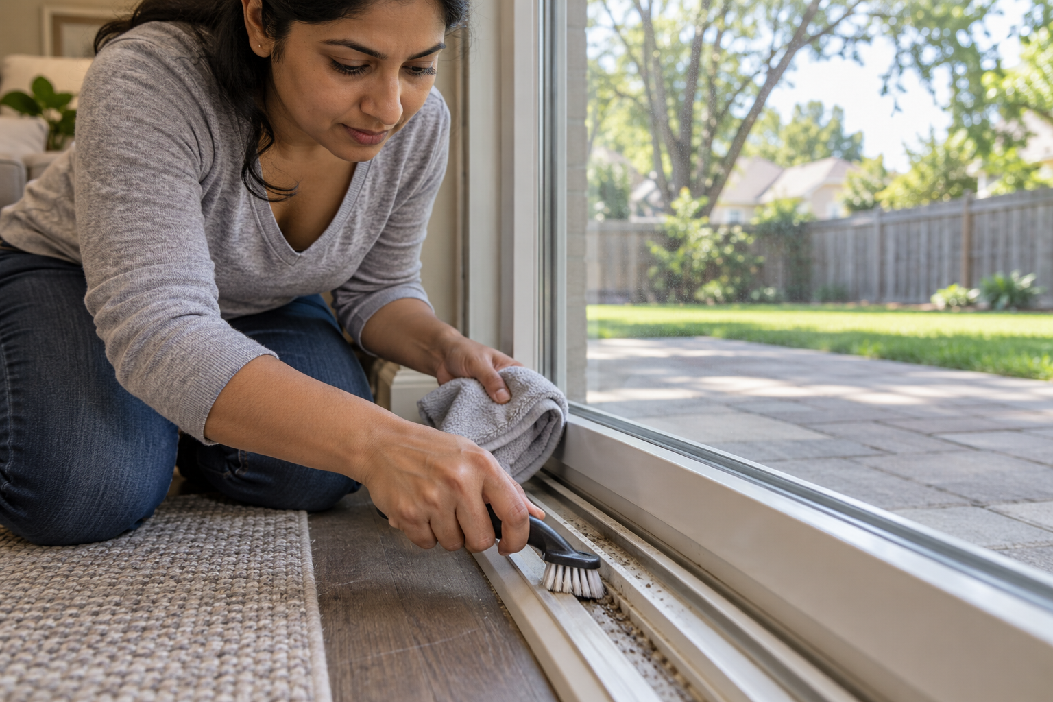 Close-up of a person cleaning a sliding window track with a small brush in a Des Plaines home