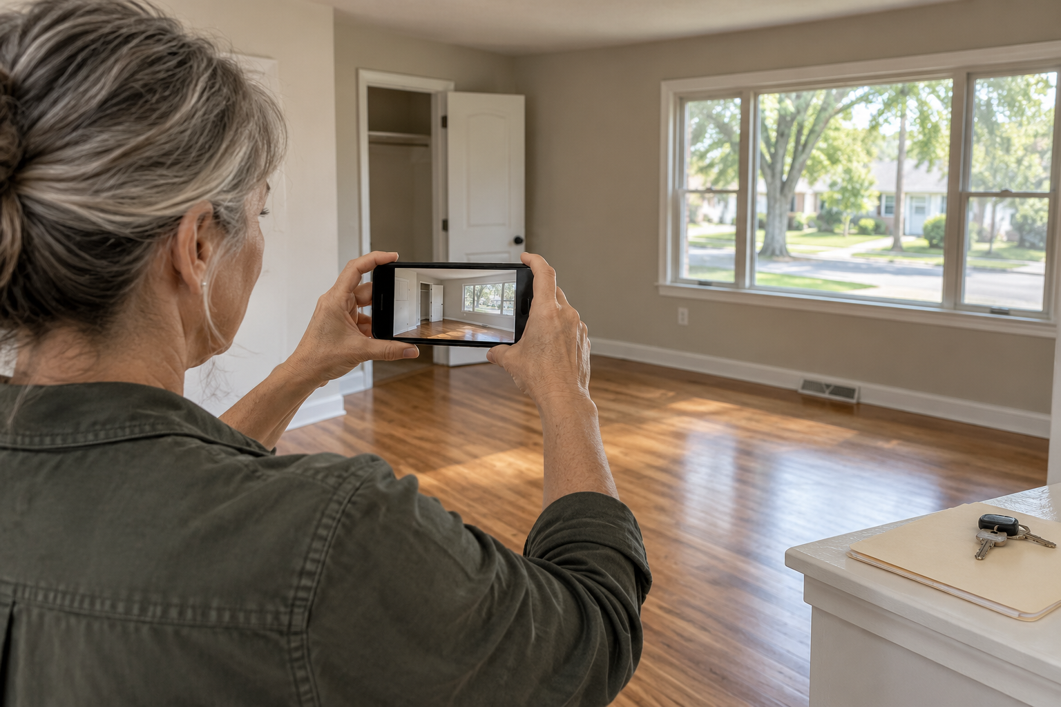 Person photographing an empty, freshly cleaned room with a smartphone