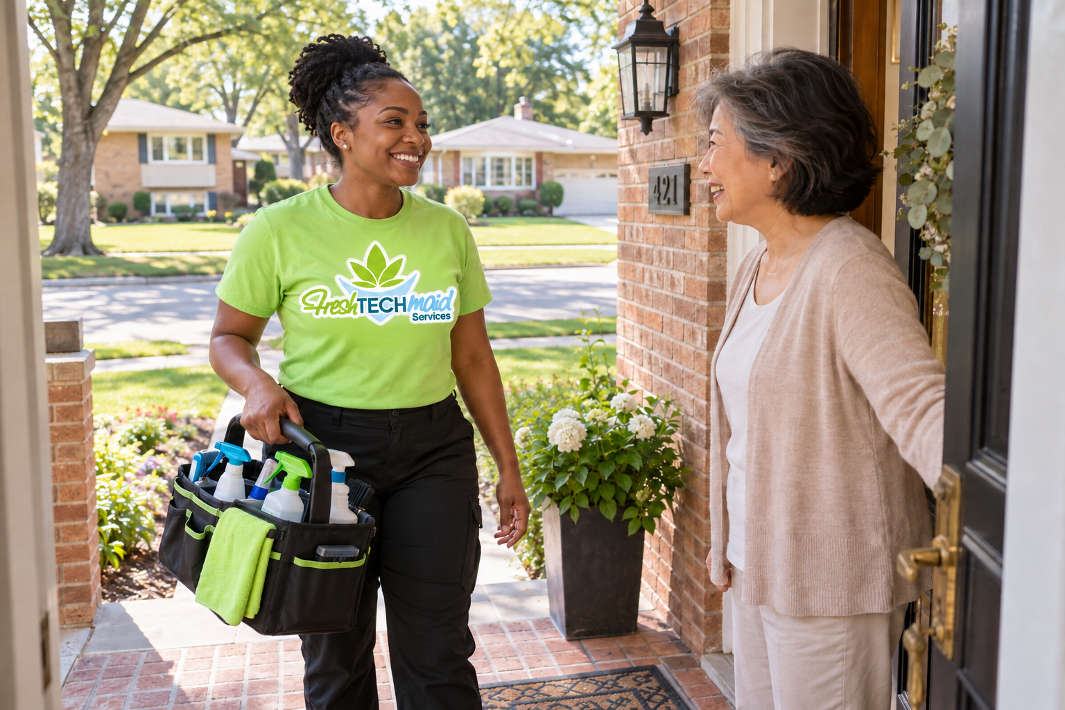 Mount Prospect house cleaner greeted by homeowner at the front door of a suburban home