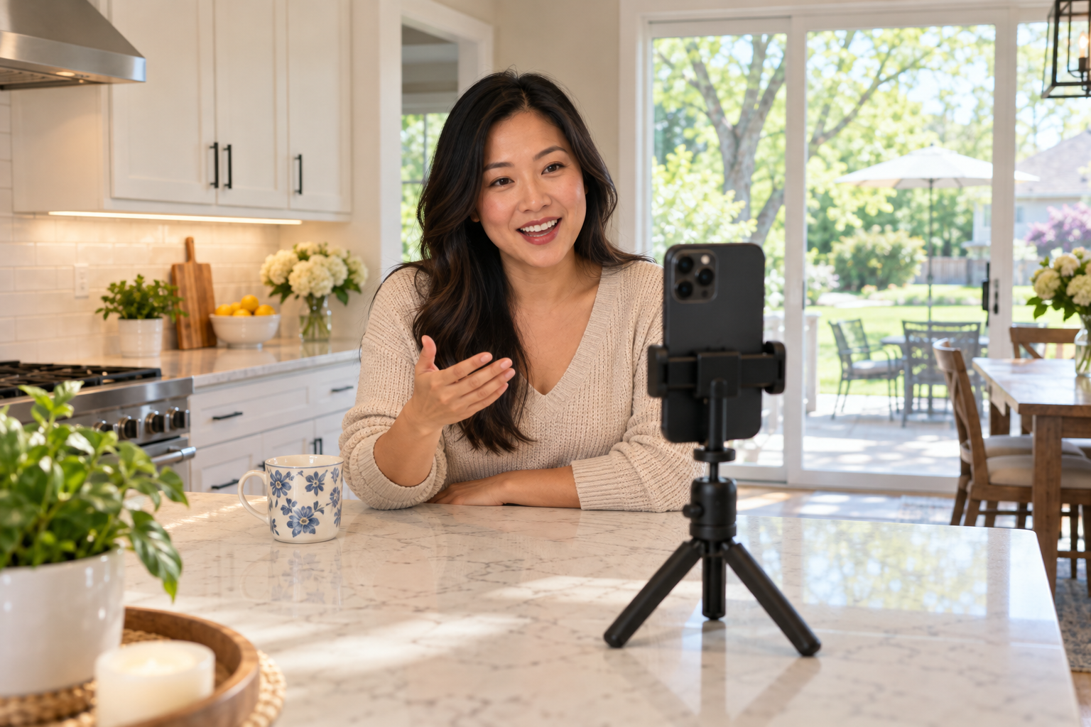 Mount Prospect client recording a short video testimonial about their maid service in a living room