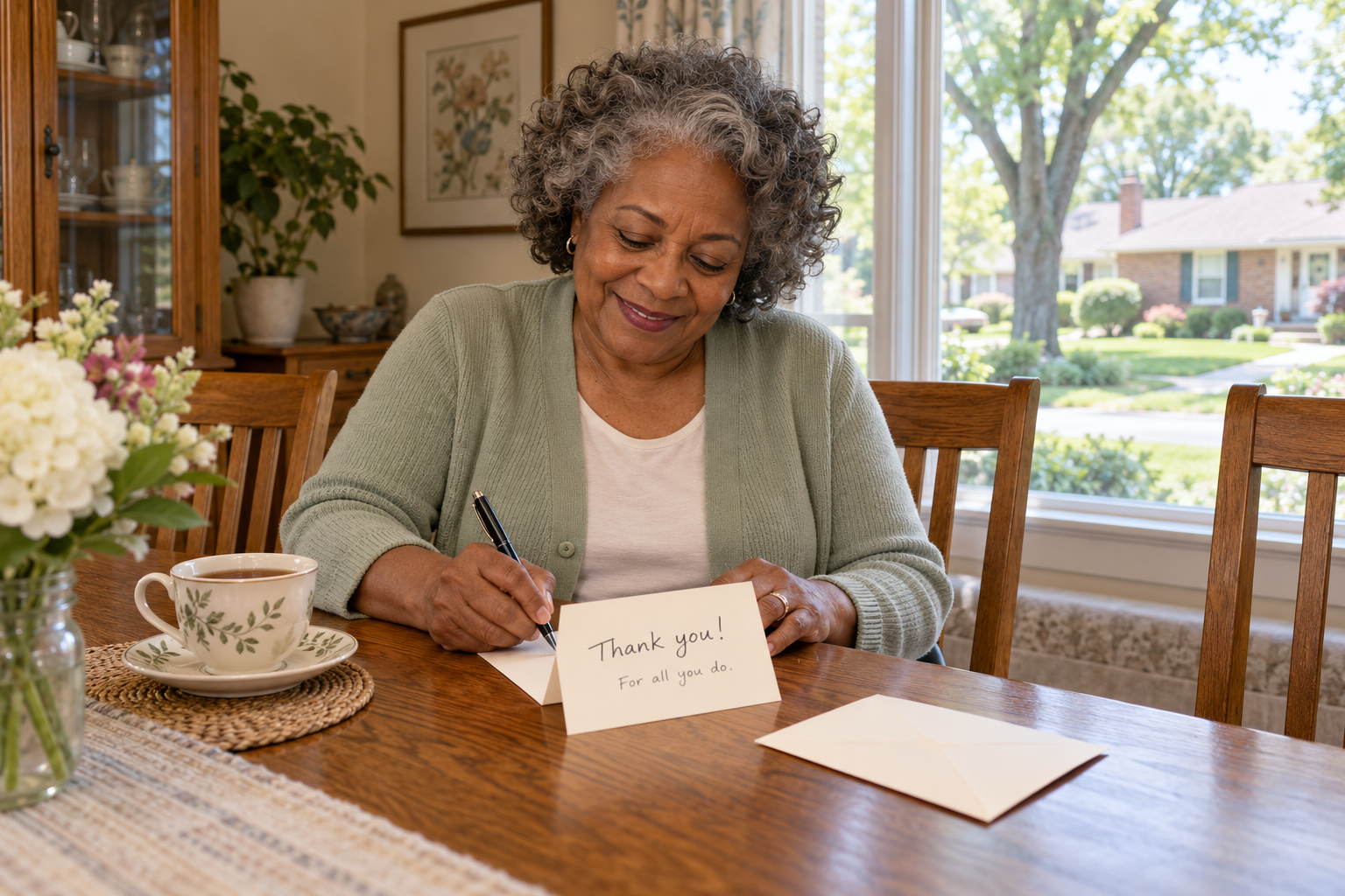 Mount Prospect homeowner writing a handwritten thank-you card for a house cleaner at a dining table