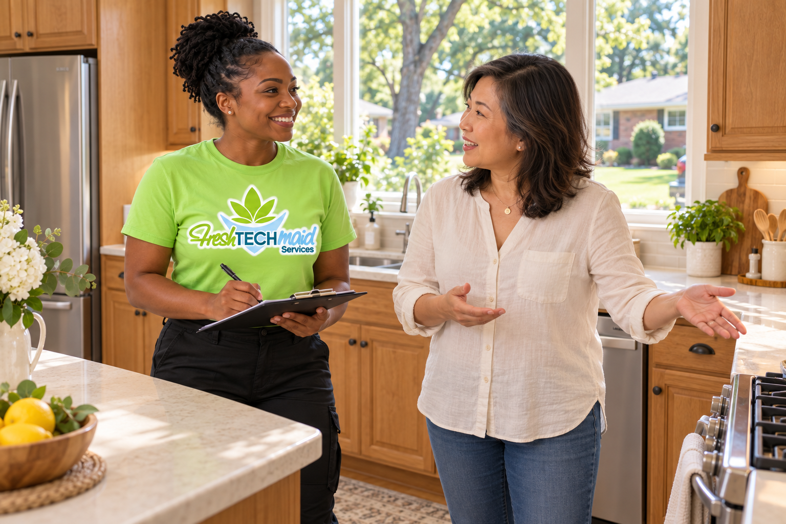 Fresh Tech Maid technician taking notes on client cleaning preferences in a suburban kitchen