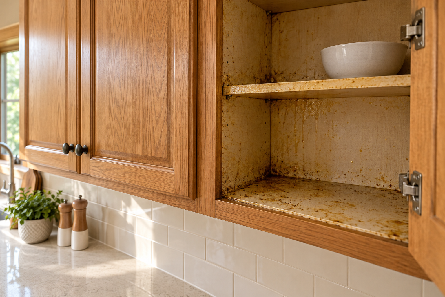 A tidy kitchen exterior next to a greasy cabinet interior.