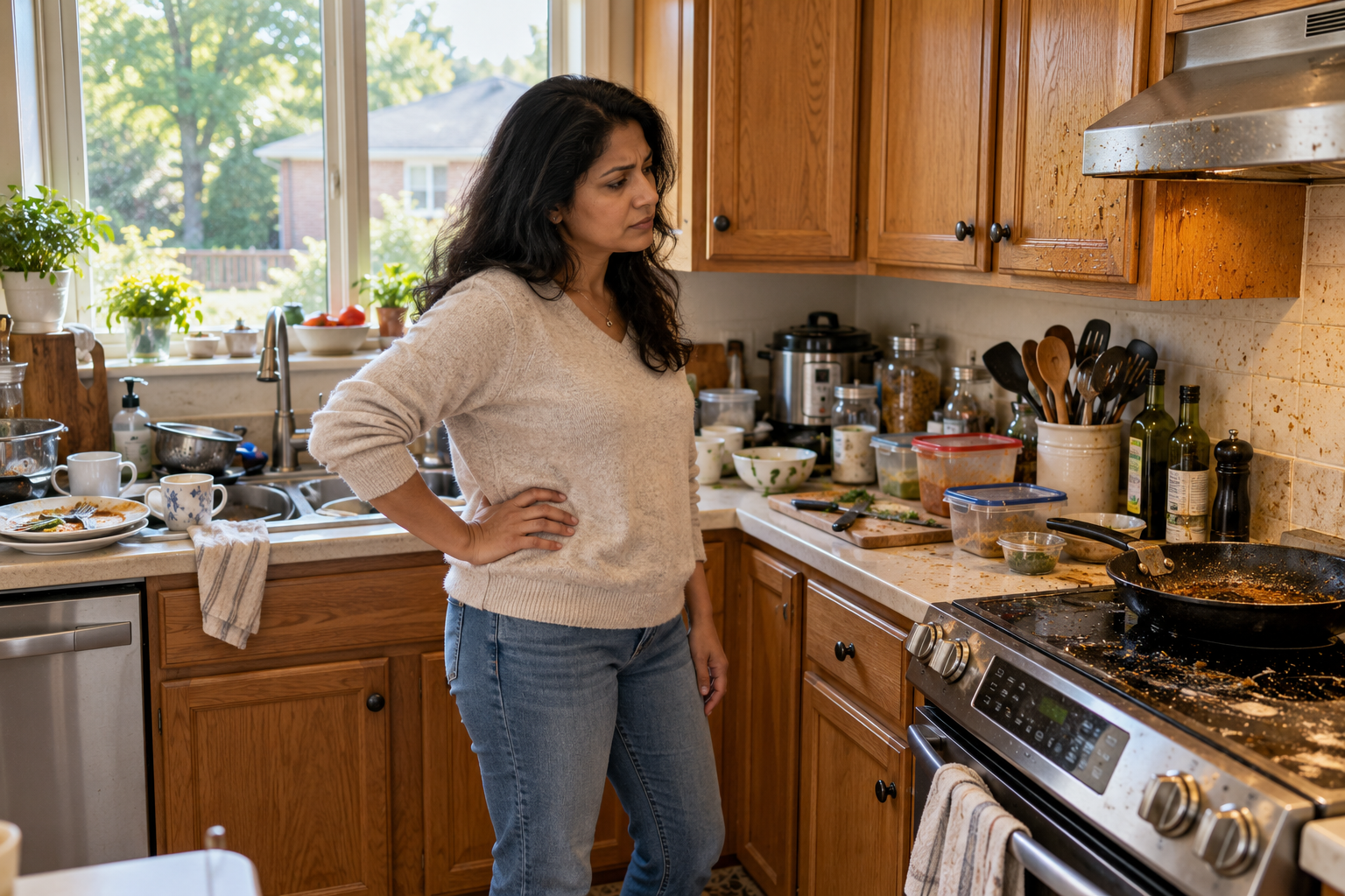 A Palatine resident looking at a cluttered, greasy kitchen.