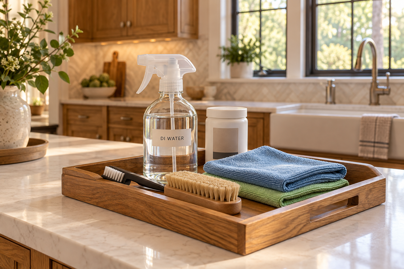 Cleaning supplies organized in a bucket for a methodical kitchen deep clean