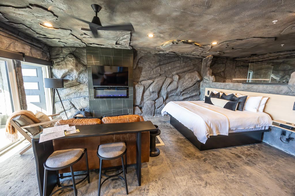 Cavern Suite at Grotto Resort, built into the natural stone hillside with a private veranda overlooking Table Rock Lake