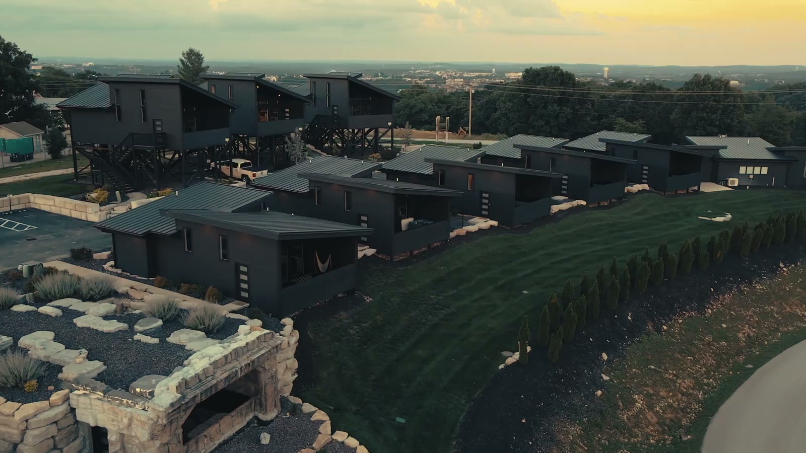 Grotto's hillside suites overlooking Table Rock Lake at sunset