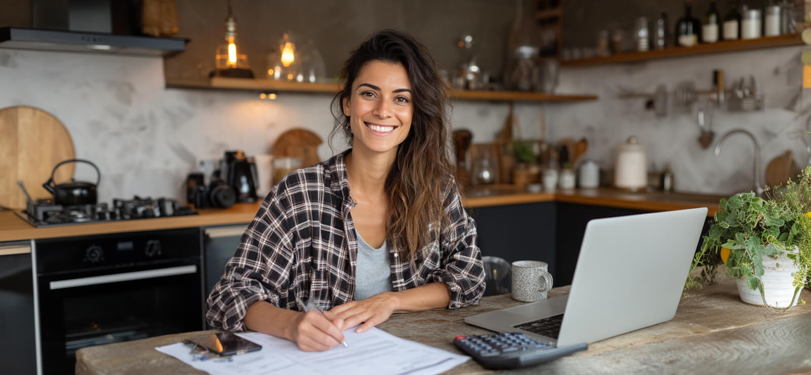 Prospective homebuyer calculating debt to income ratio for mortgage approval while reviewing documents and Change Home Mortgage loan options on a laptop.