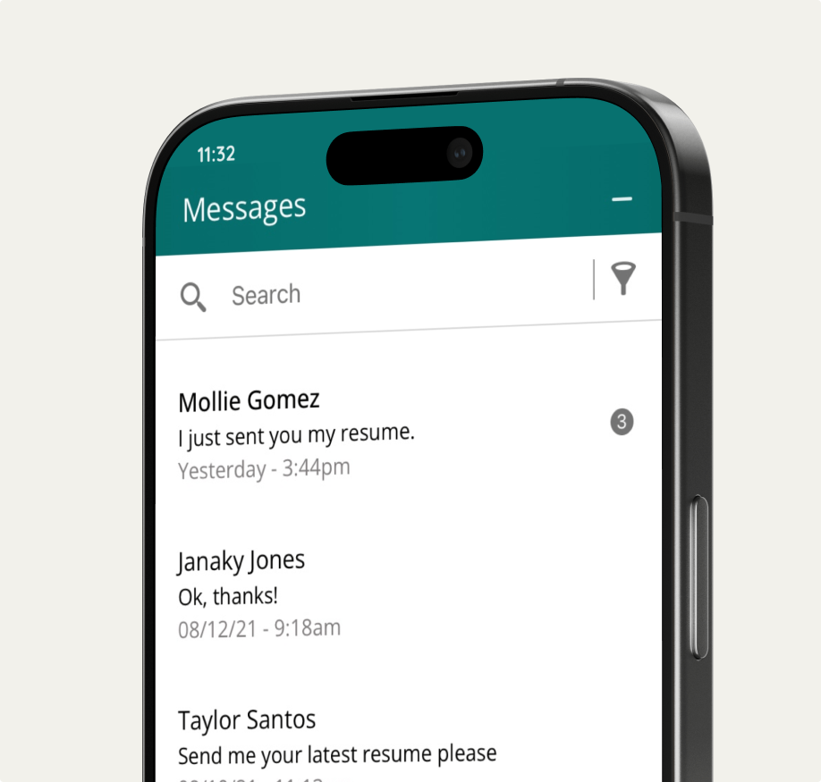 Screenshot of the text messaging interface showcasing conversation between a recruiter and candidate