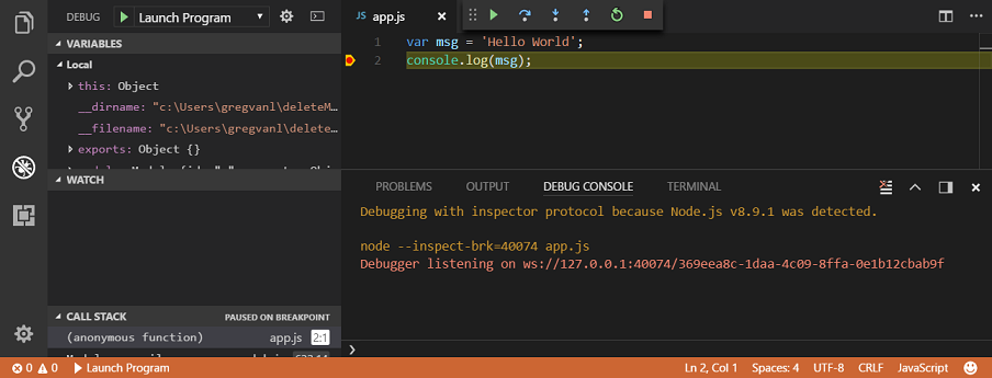 VS code debugging tools and debugger