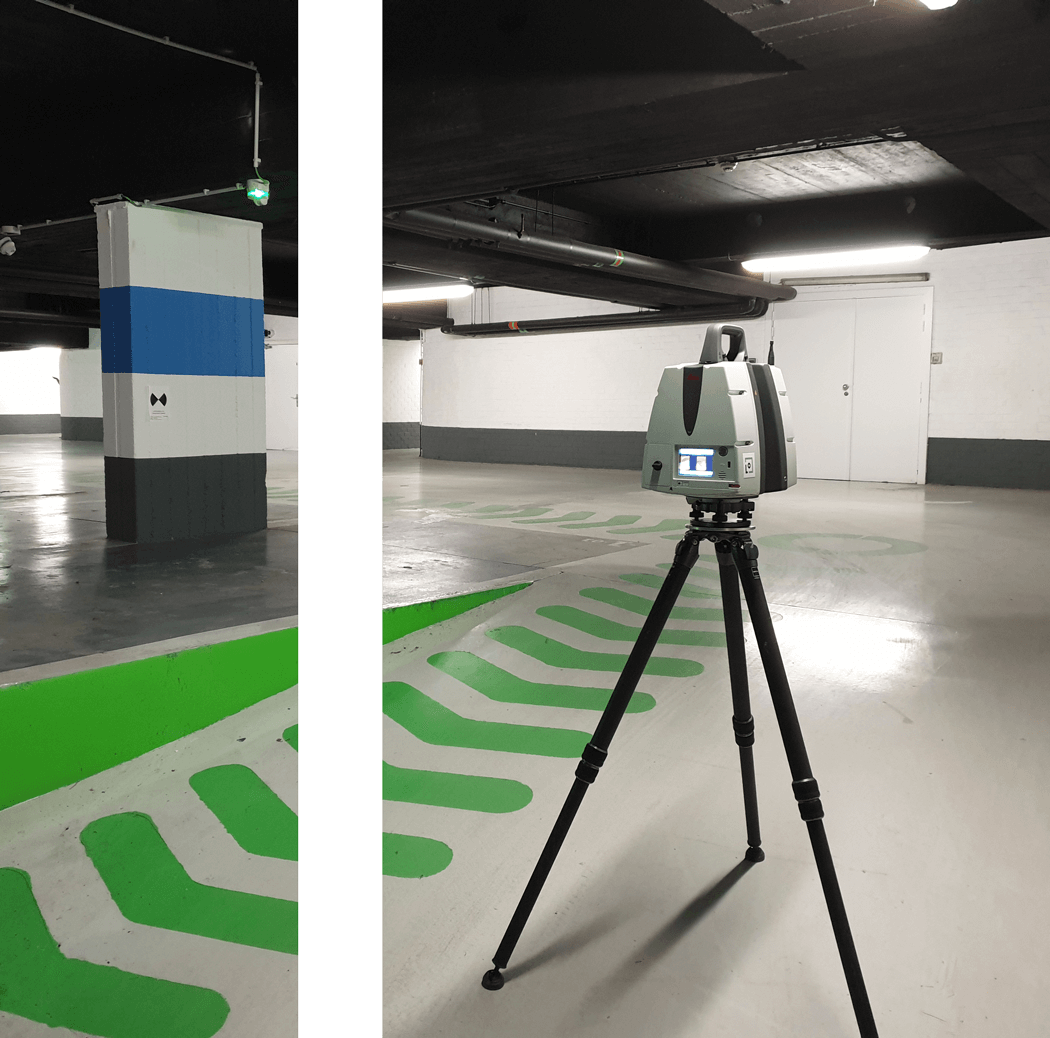 Laserscanning in ondergrondse parking - zwart wit