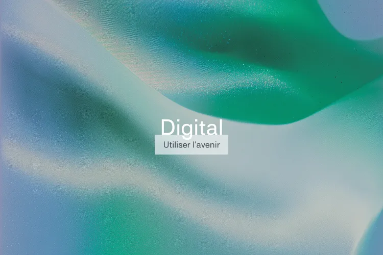 Fond abstrait aux tons bleu et vert avec le texte « Digital Utiliser l’avenir » au centre.