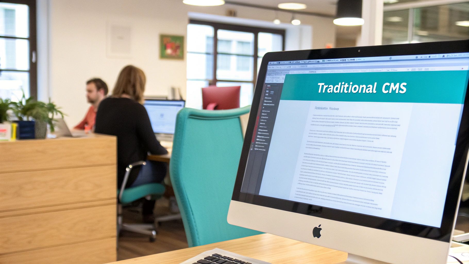 A person working on a laptop, representing the unified environment of a traditional CMS.