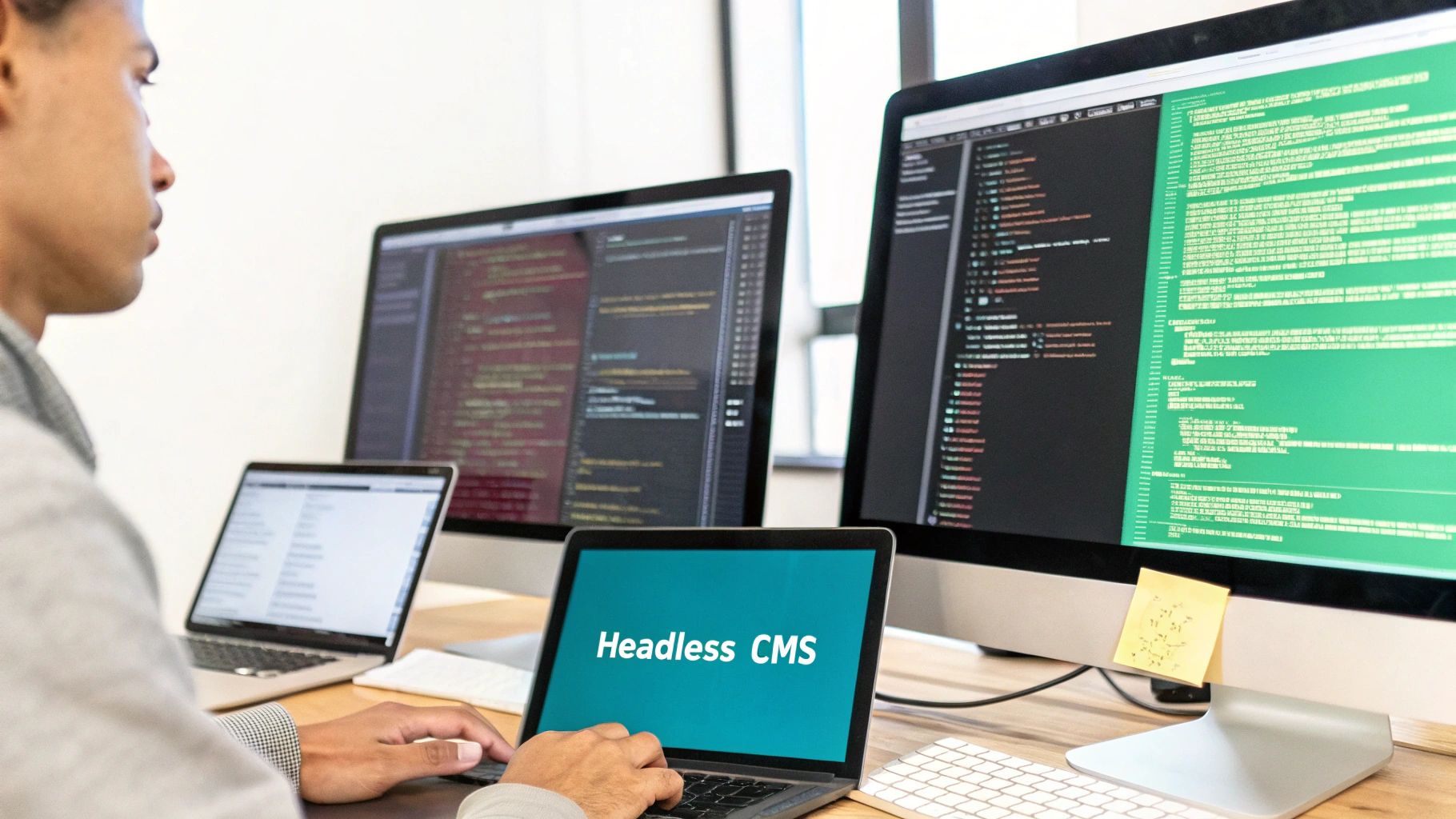 An abstract visual representing multiple digital channels like websites, mobile apps, and smart devices all connected to a central content hub.