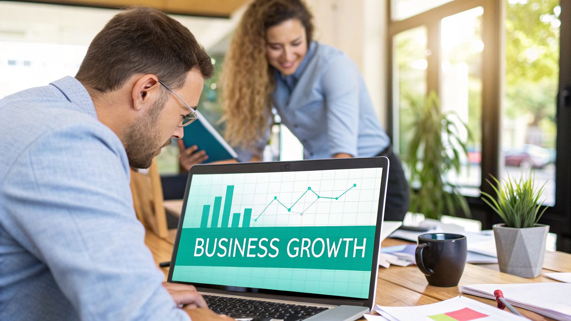 A team collaborating around a digital whiteboard, planning a strategic framework.