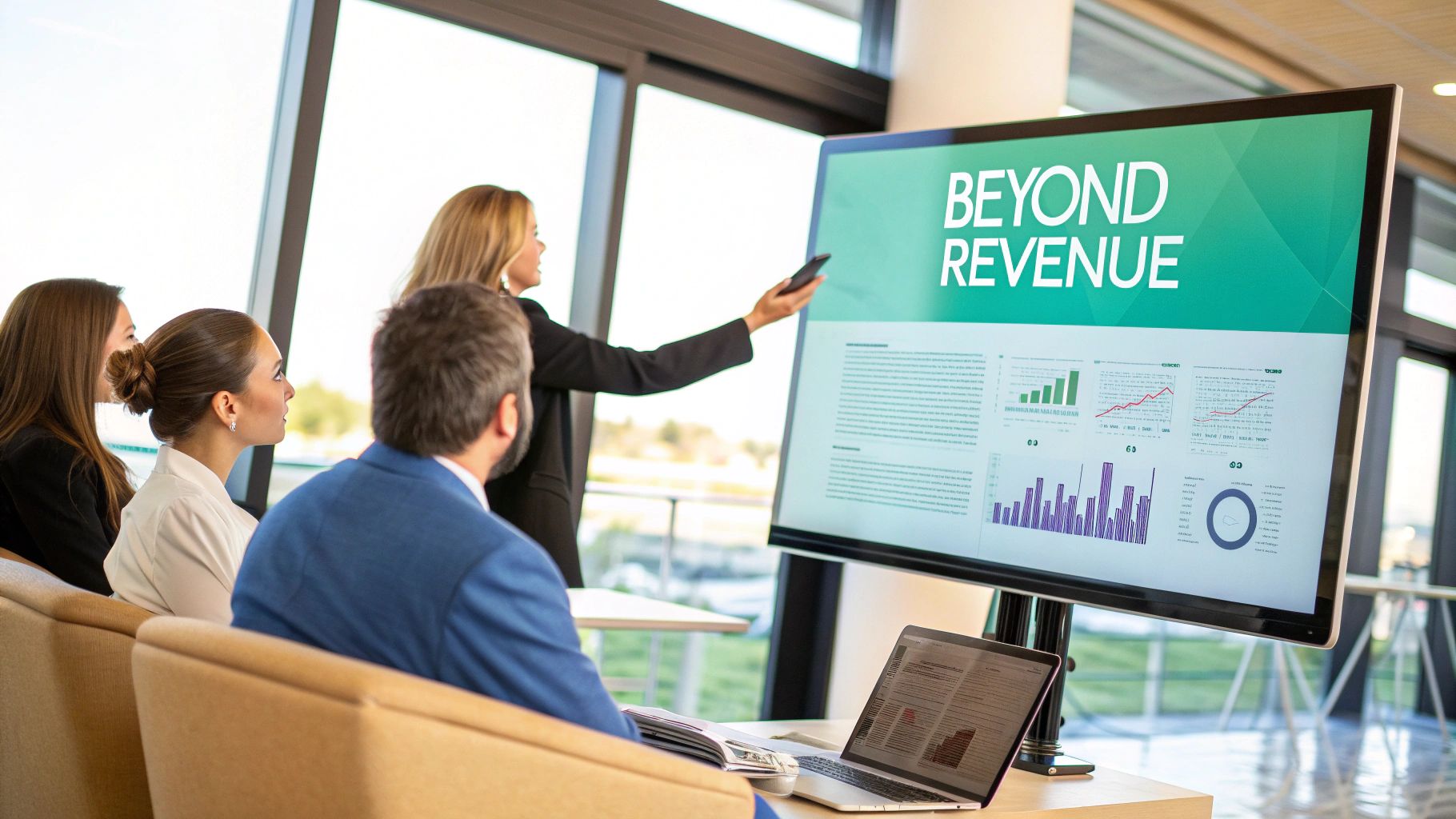 A person analyzing graphs and charts on a large screen, representing the measurement of ROI.
