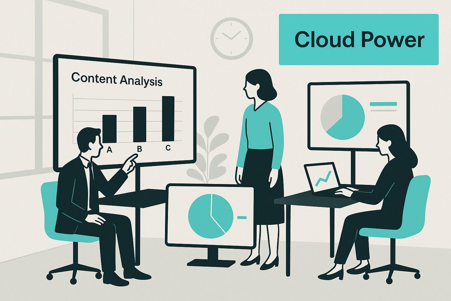 Infographic showcasing professionals in a modern office analyzing digital content on screens, with a text block that says 'Cloud Power' in the corner.