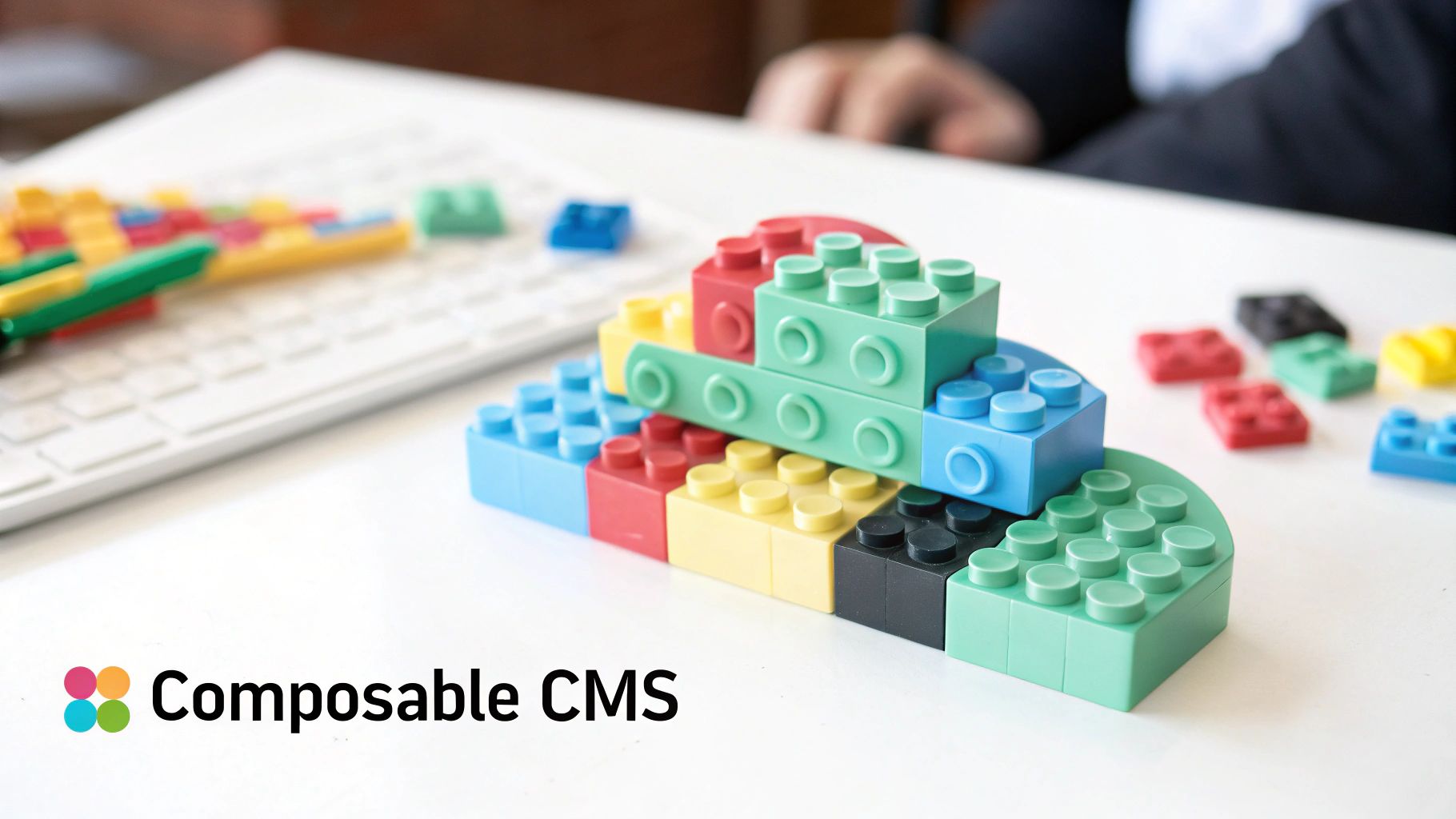 Abstract image showing interconnected digital nodes and data streams, representing a modern cloud CMS architecture.