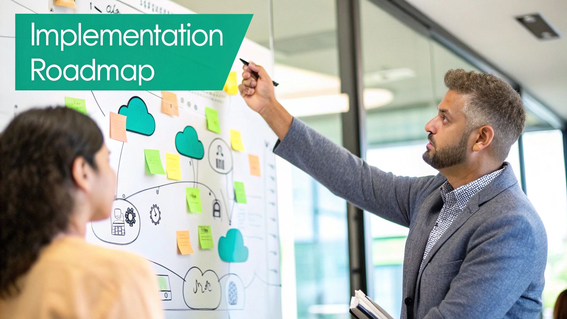 A team of professionals collaborating around a digital whiteboard, planning a CMS implementation strategy.