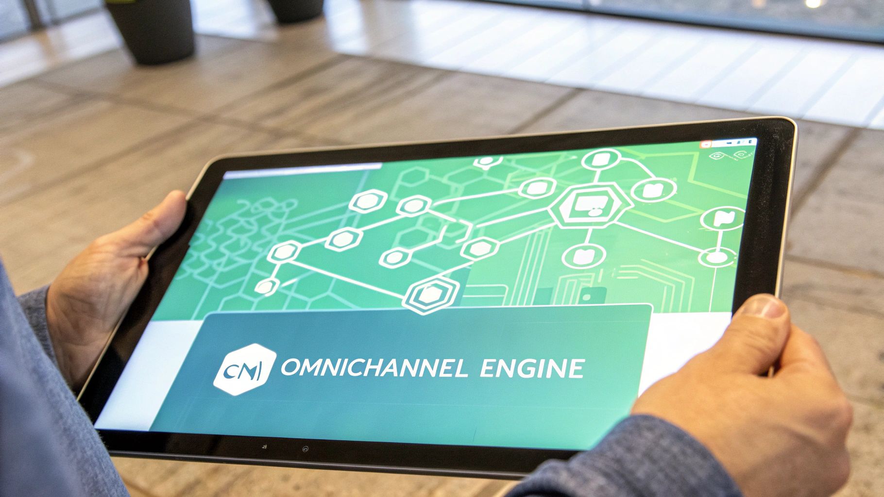 An abstract visual representing a connected network of digital touchpoints, illustrating the omnichannel architecture.