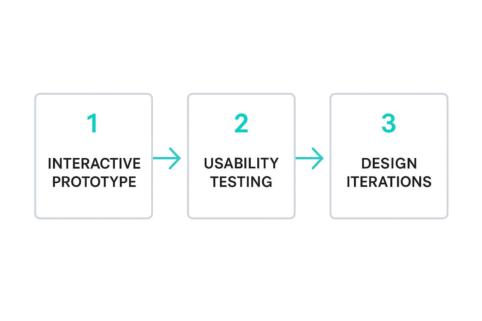 Infographic showing a three-step process flow from Interactive Prototype to Usability Testing to Design Iterations.