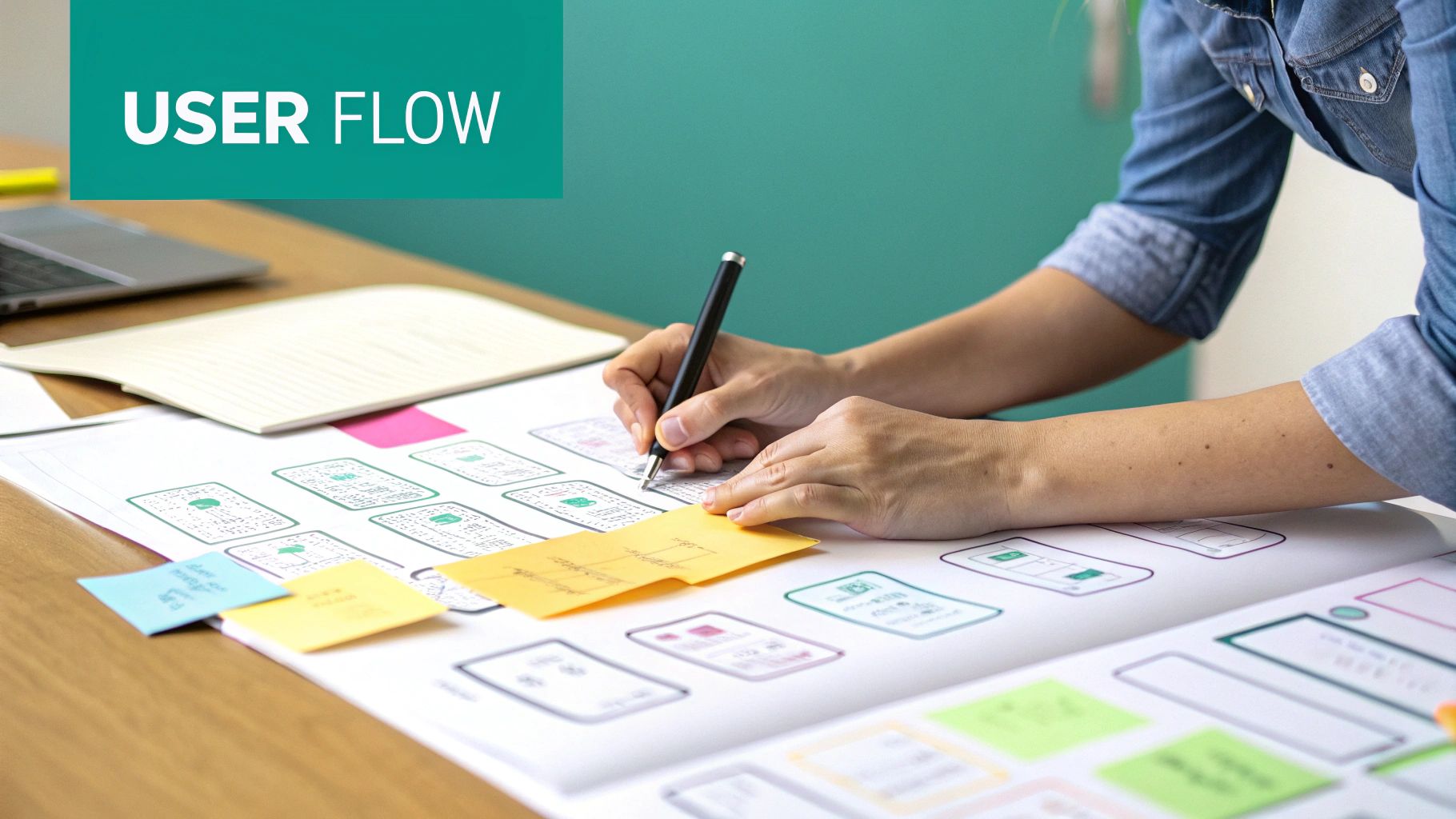 A group of people collaborating on a whiteboard covered in wireframe sketches and sticky notes.